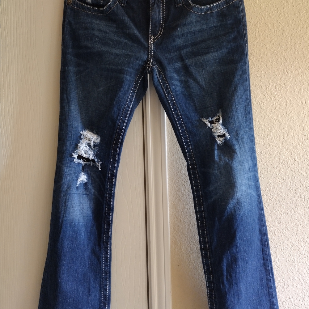 Ccruel Denim Classic Distressed Flare Jeans in Deep Blue